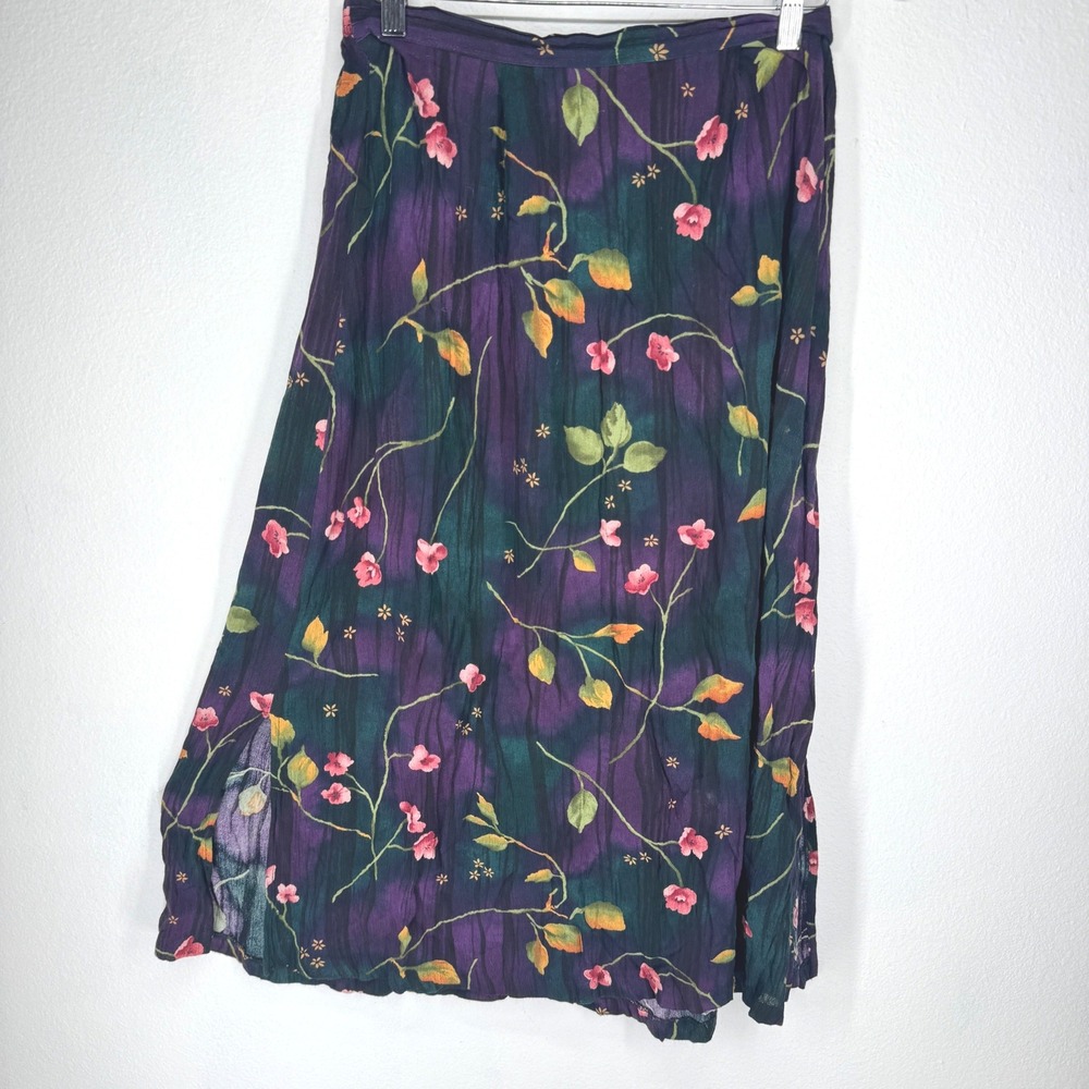 Vintage Dark Floral Rayon‎ Midi Skirt Purple Teal Boho Medium Ethereal Fairy Y2K